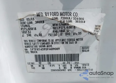 2005 Ford F-150 Fx4/Lariat/Xl/Xlt z USA, uszkodzony, nr VIN 1FTPX14595FA89089